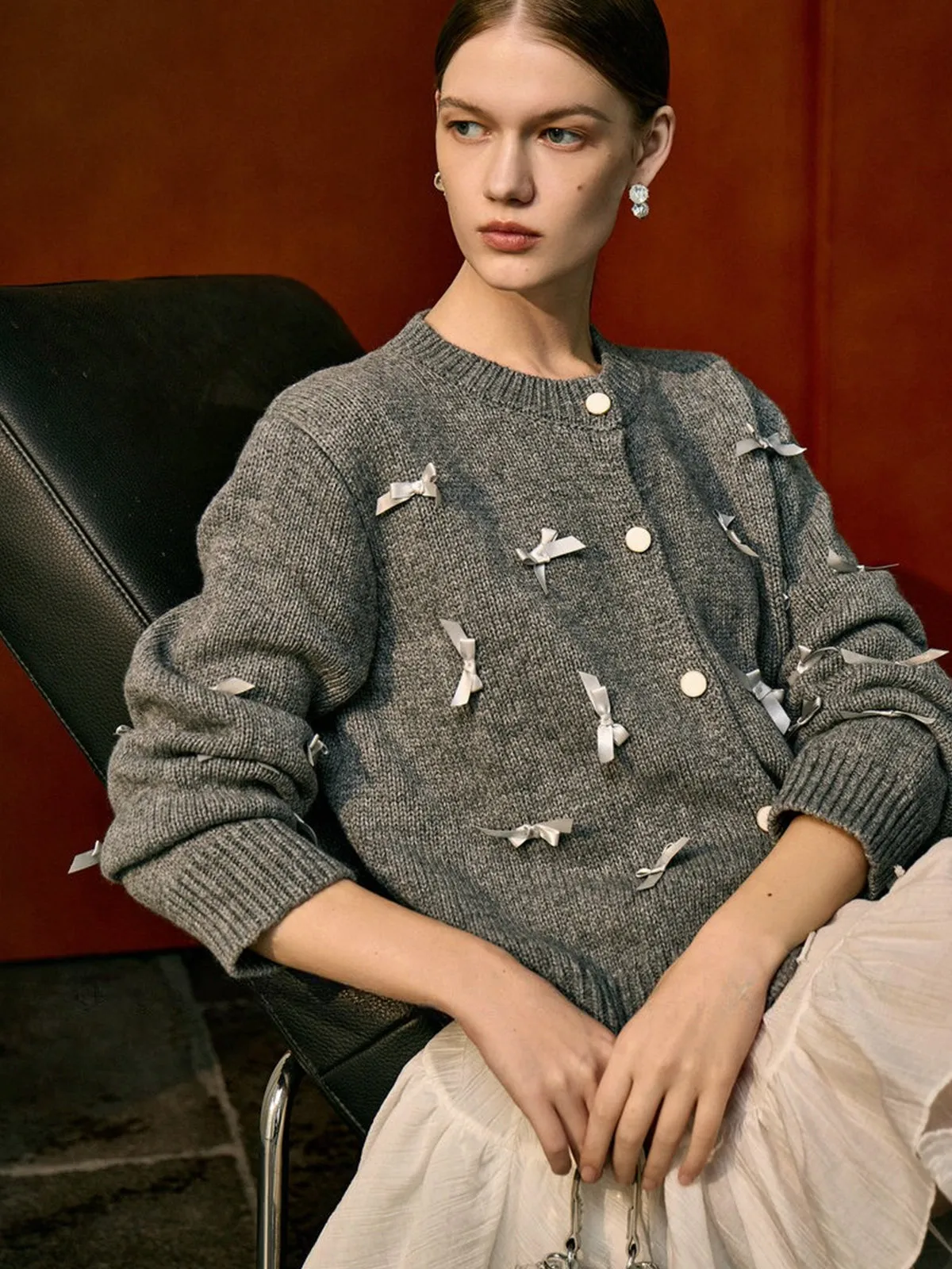 Bow-Decor Button Stretch Cardigan sold by COMMENSE