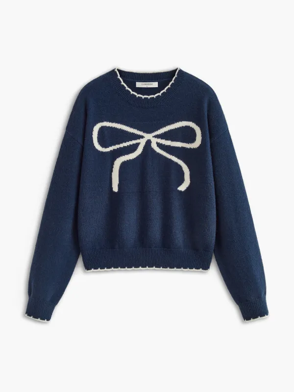 Contrast Trim Bow Sweater sold by COMMENSE
