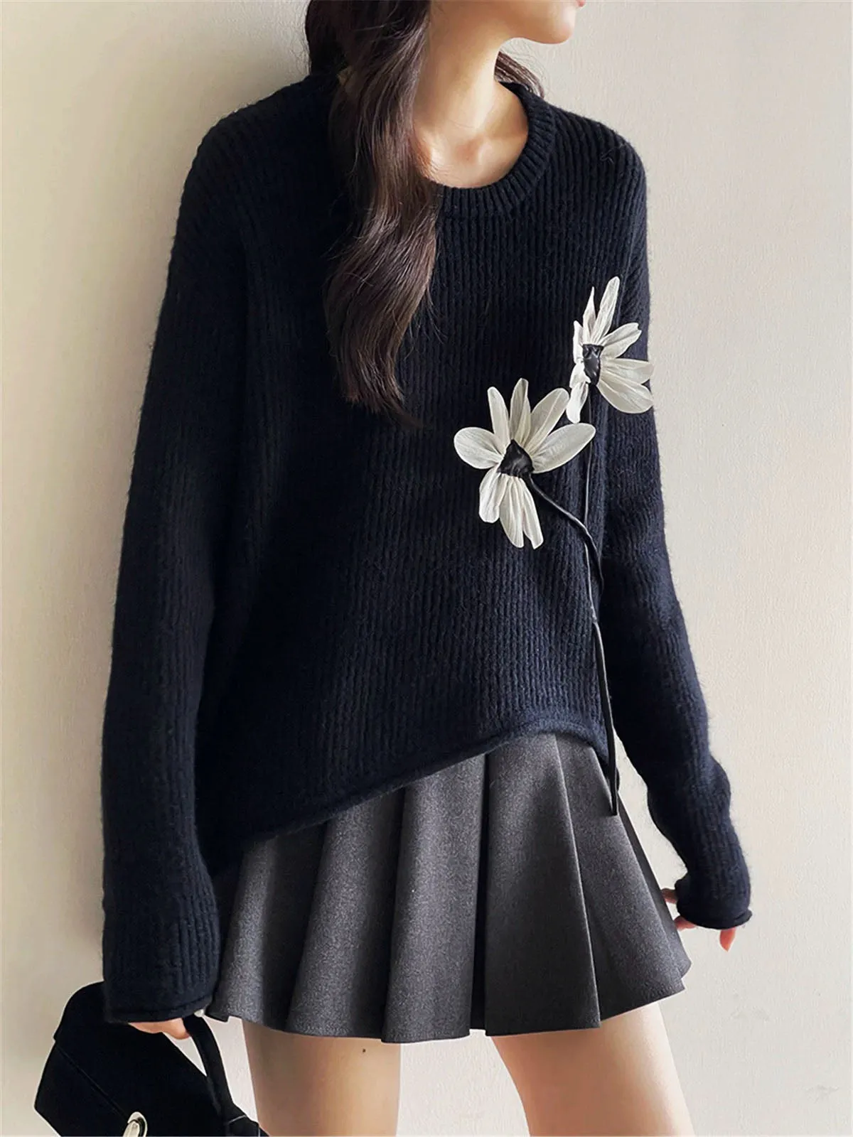 Floral-Decor Ribbed Sweater sold by COMMENSE product image thumbnail 4