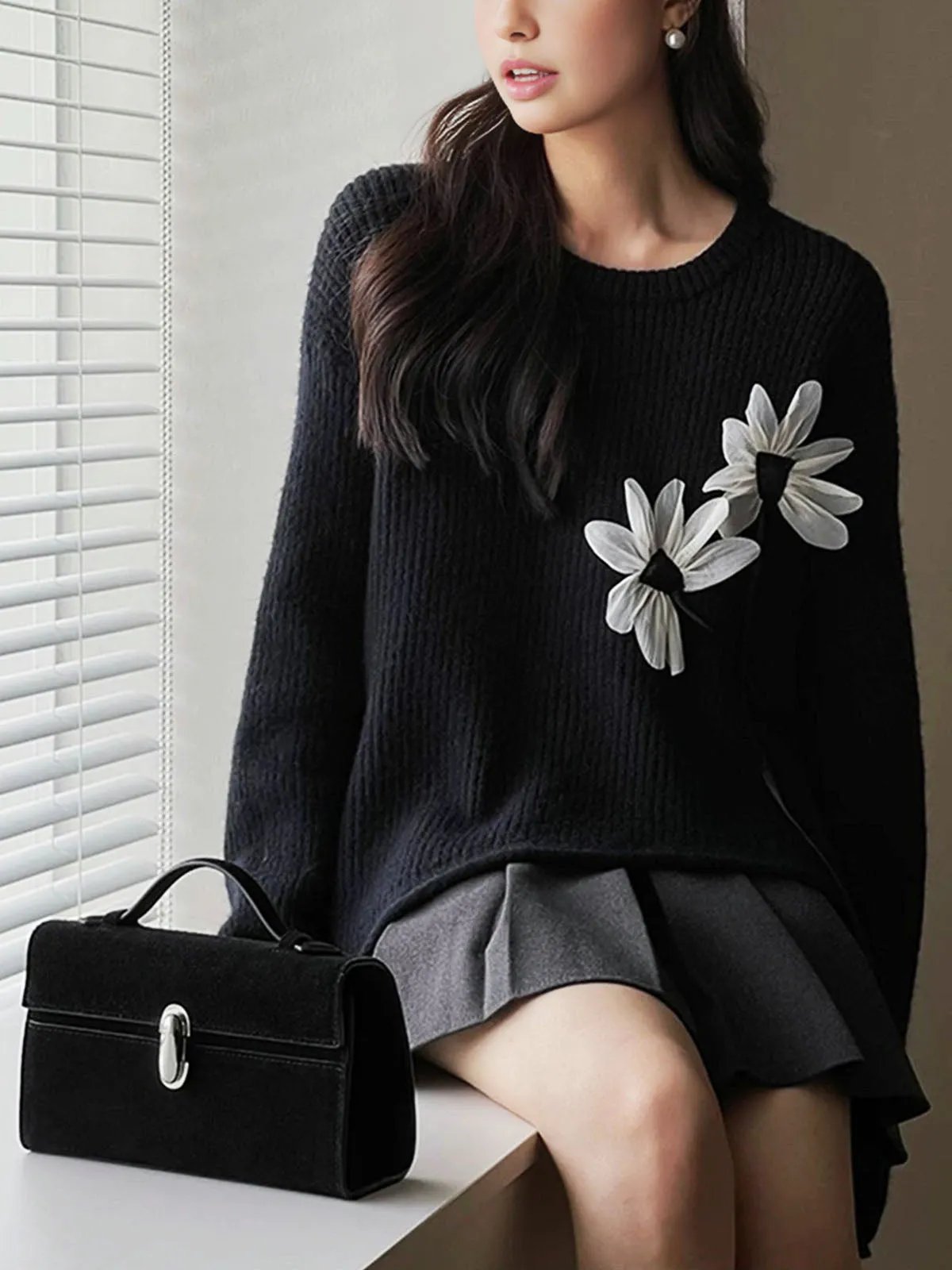 Floral-Decor Ribbed Sweater sold by COMMENSE
