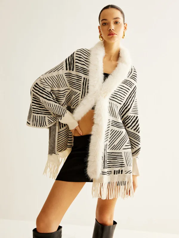 Geometric Striped Tassel Knit Minky Shawl sold by COMMENSE
