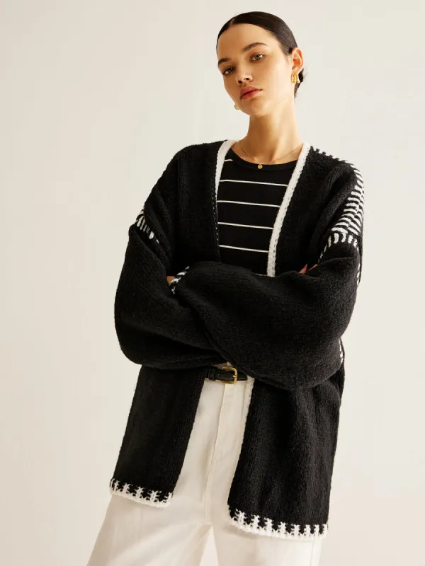 Contrast Embroidered Trim Loose Cardigan sold by COMMENSE