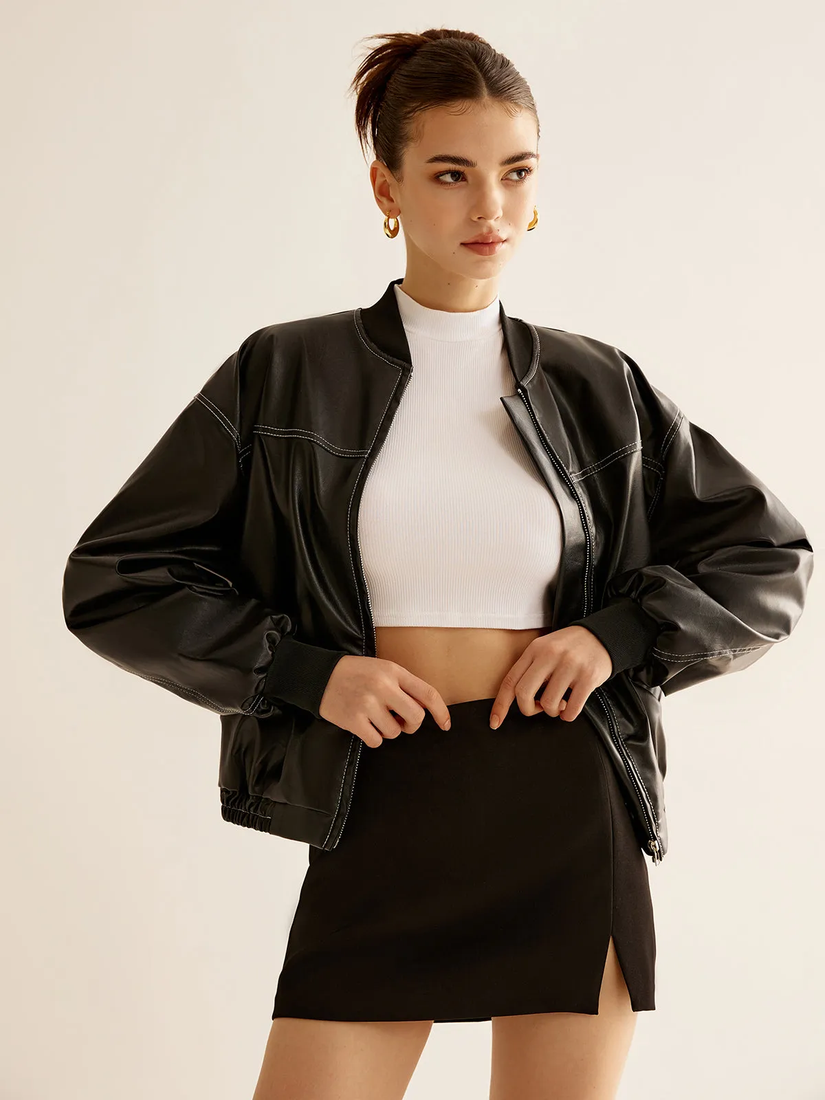 Vintage Zipper PU Leather Short Jacket sold by COMMENSE product image thumbnail 5