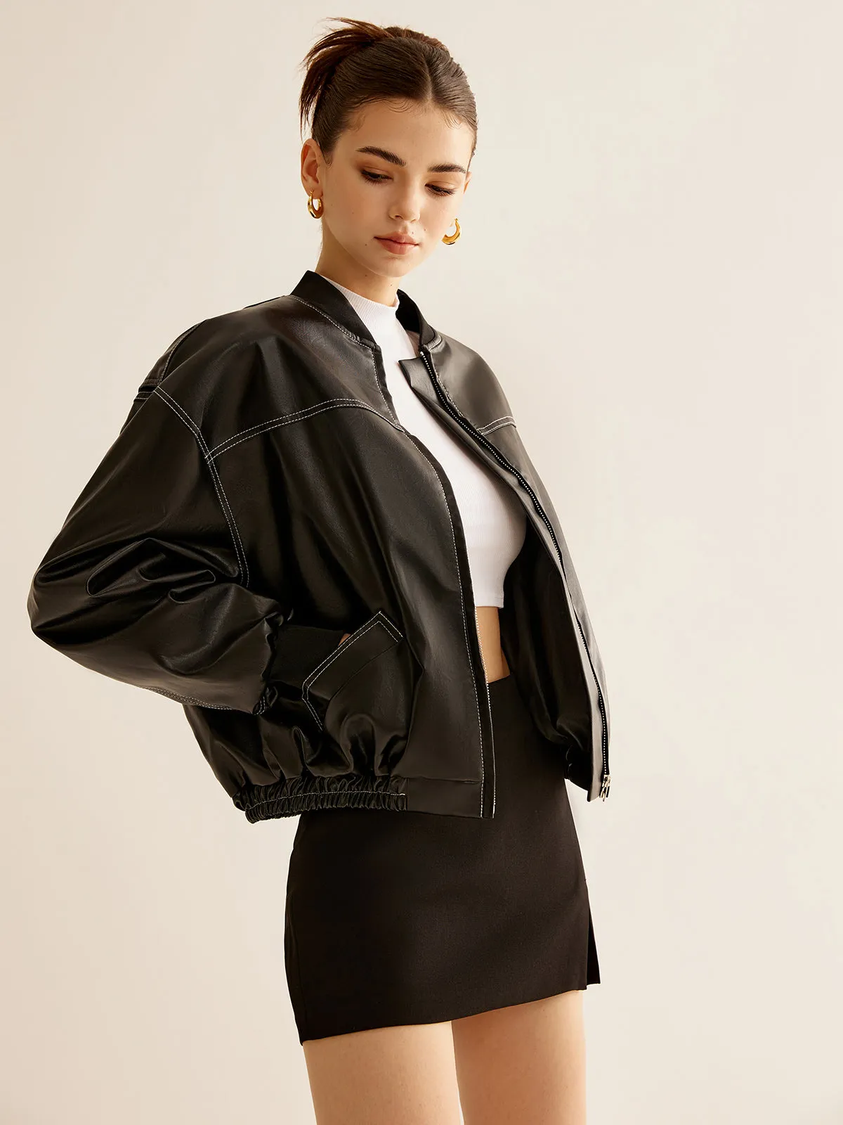 Vintage Zipper PU Leather Short Jacket sold by COMMENSE product image thumbnail 3