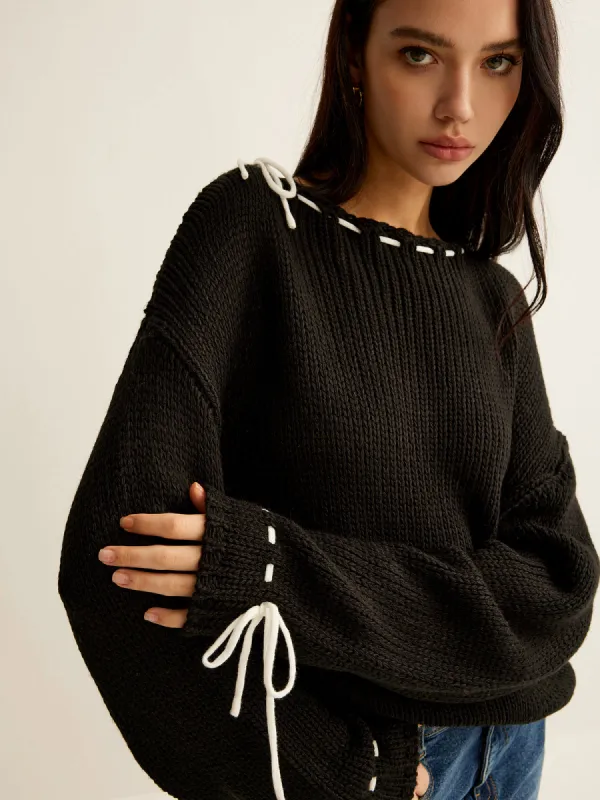 Contrast Trim Drawstring Sweater sold by COMMENSE
