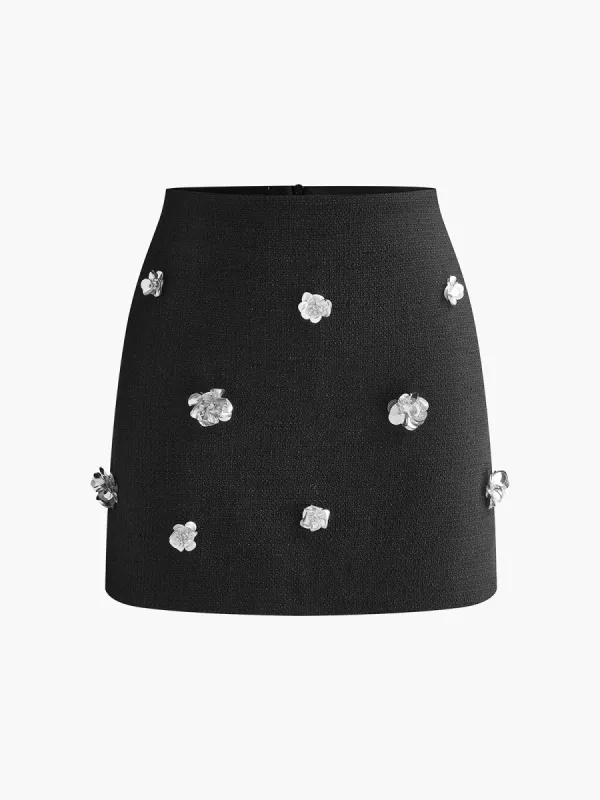 Tweed Floral-Beaded Zipper Skirt sold by COMMENSE