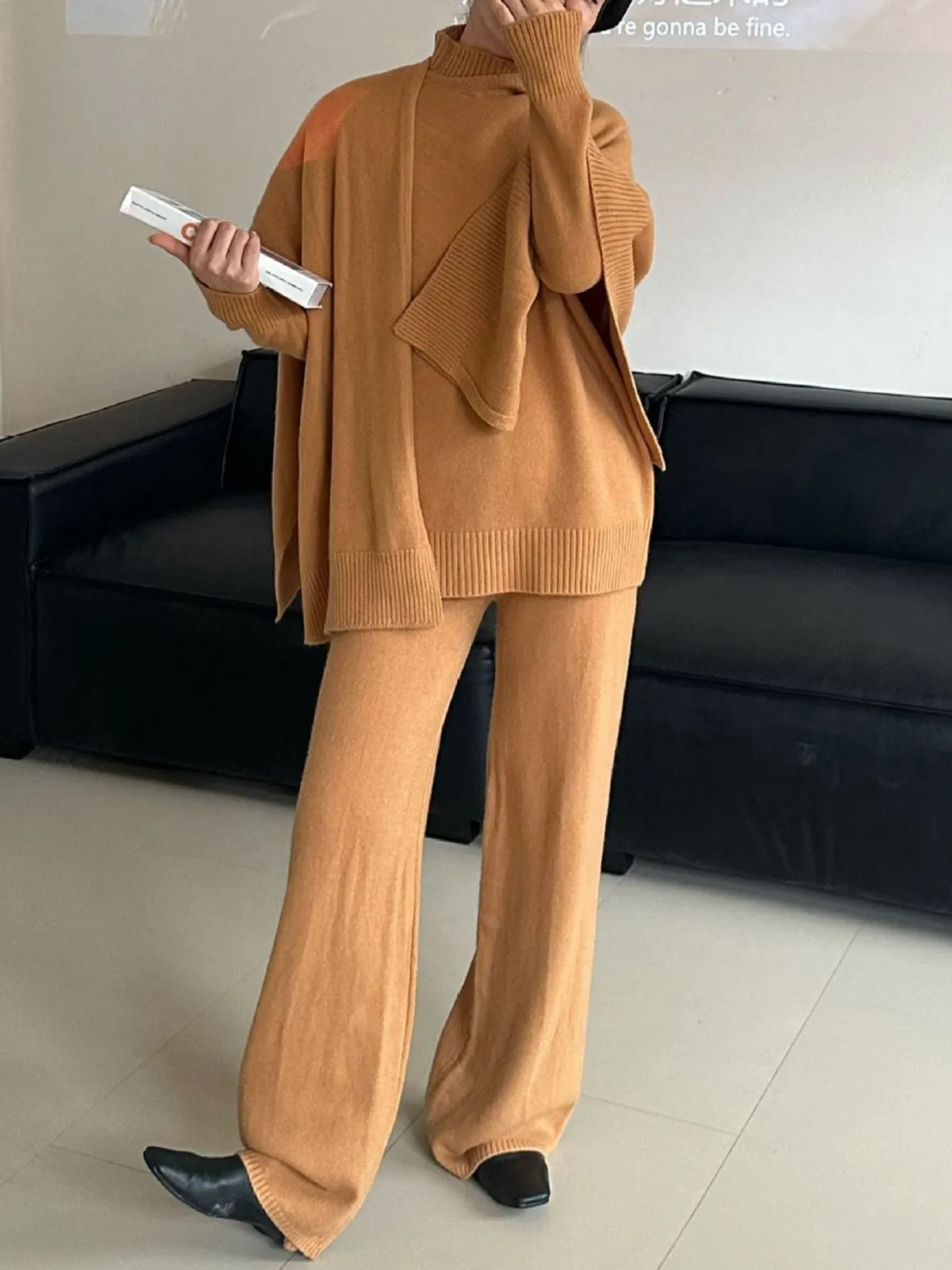 Plain Mock Neck Three-Piece Sweater Pants Set sold by COMMENSE product image thumbnail 3
