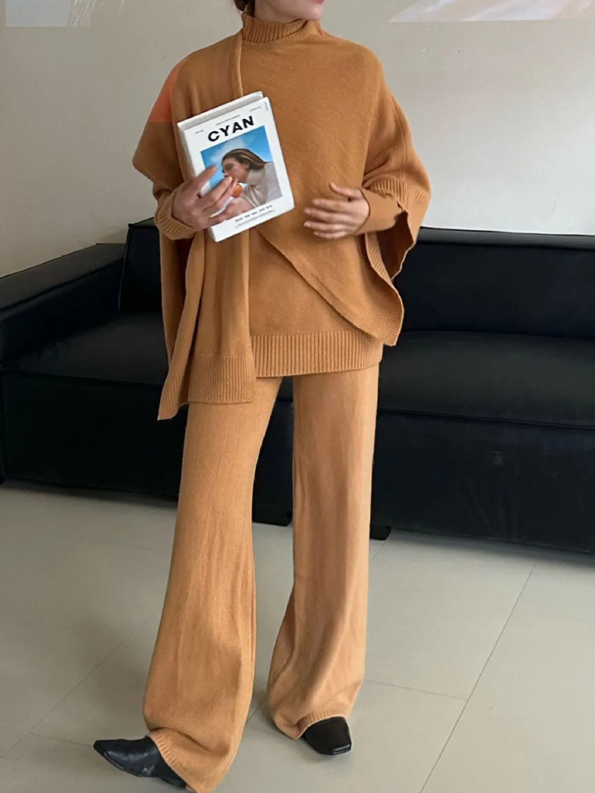 Plain Mock Neck Three-Piece Sweater Pants Set sold by COMMENSE product image thumbnail 4