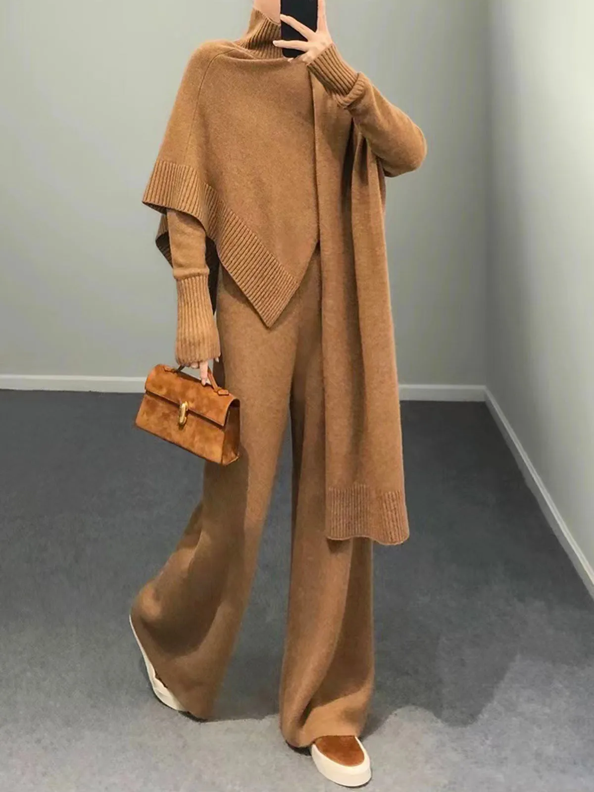 Plain Mock Neck Three-Piece Sweater Pants Set sold by COMMENSE