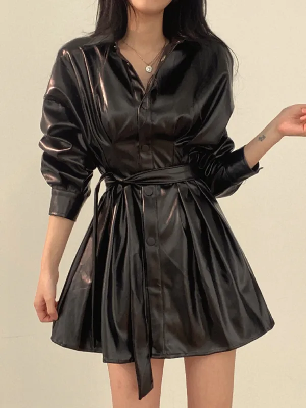 Plain Belted PU Leather Dress sold by COMMENSE