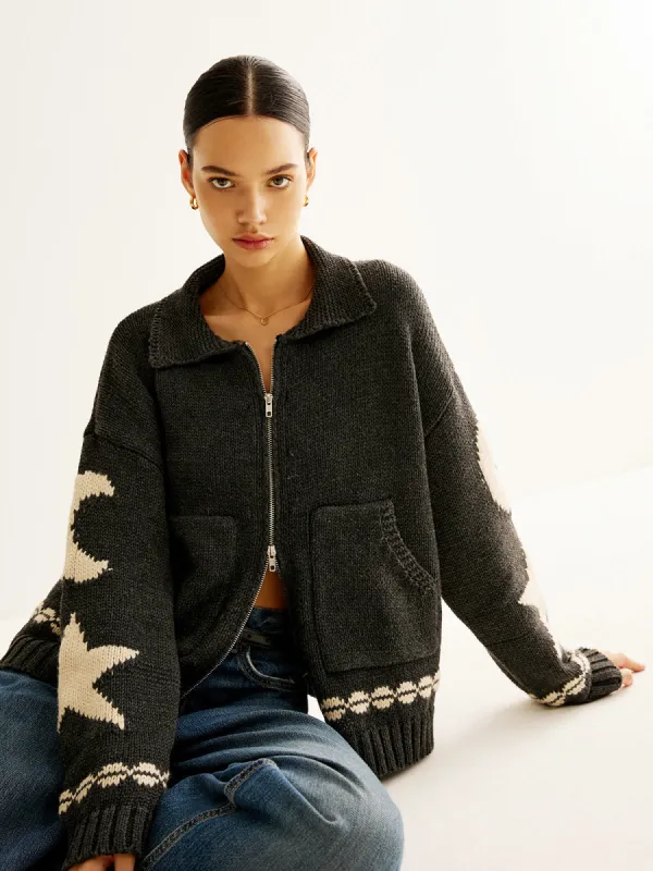 Double-Zip Pockets Lapel Cardigan sold by COMMENSE