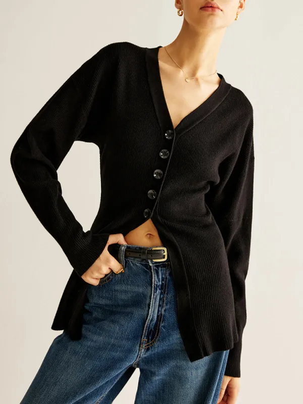 V-Neck Button Slit Cardigan sold by COMMENSE