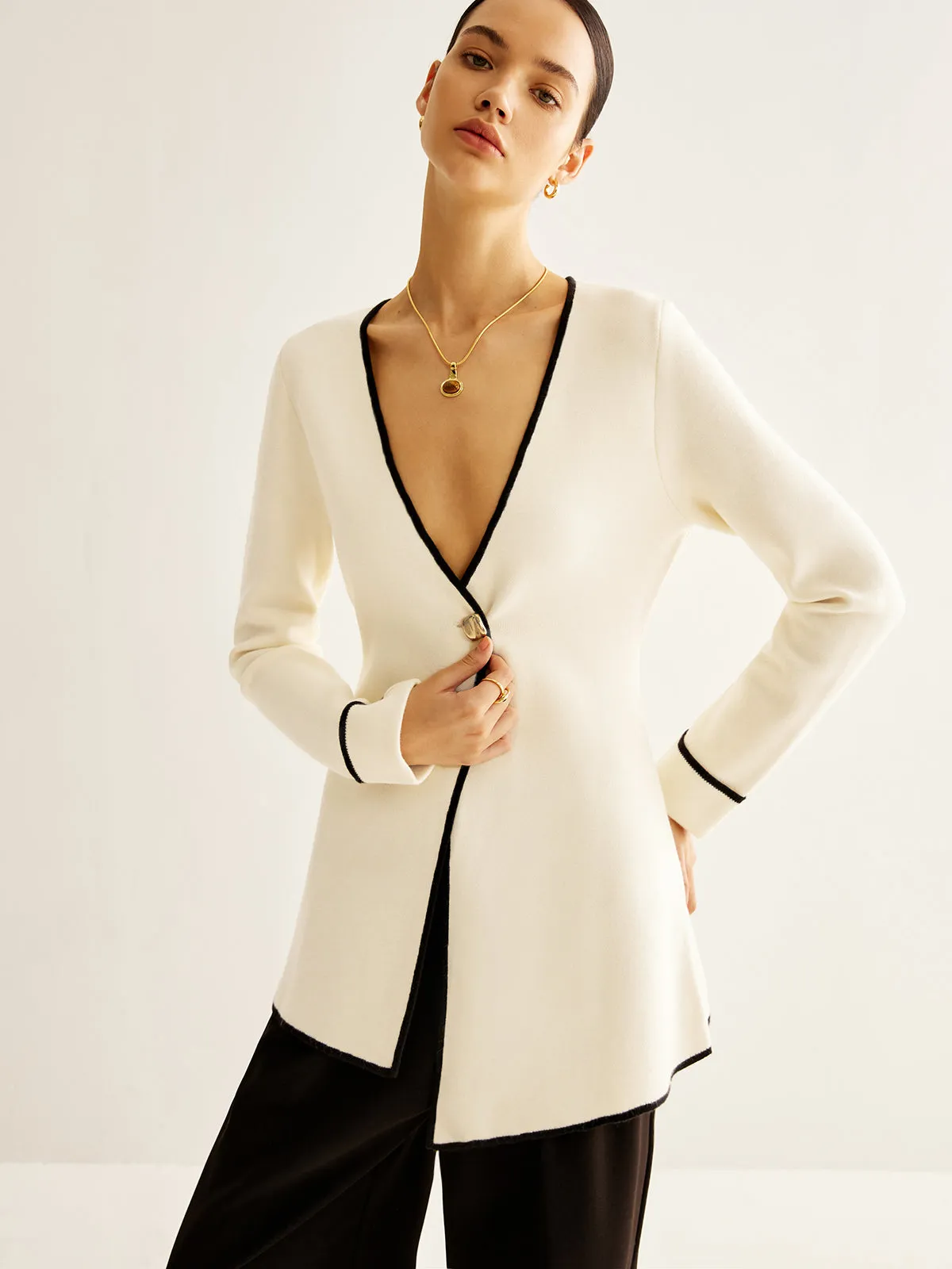 Wool-Blend Contrast Trim Slit Cardigan sold by COMMENSE