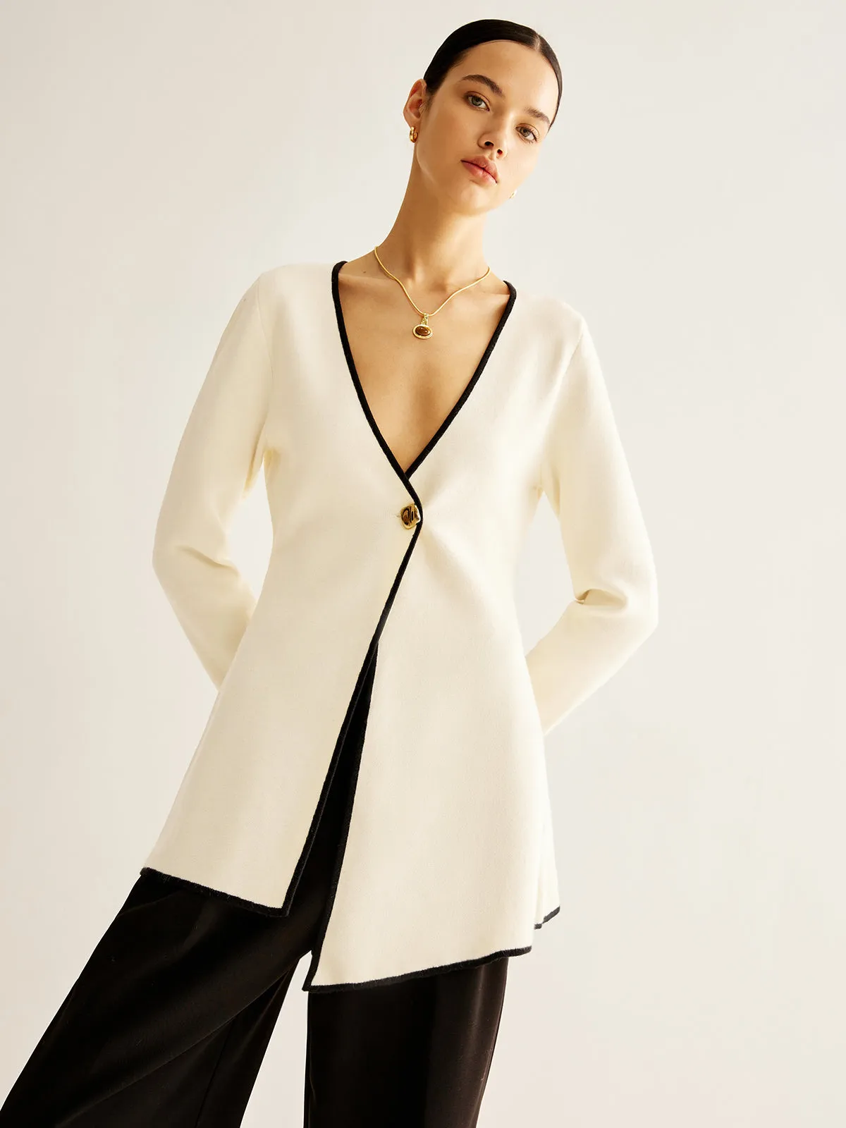 Wool-Blend Contrast Trim Slit Cardigan sold by COMMENSE product image thumbnail 5