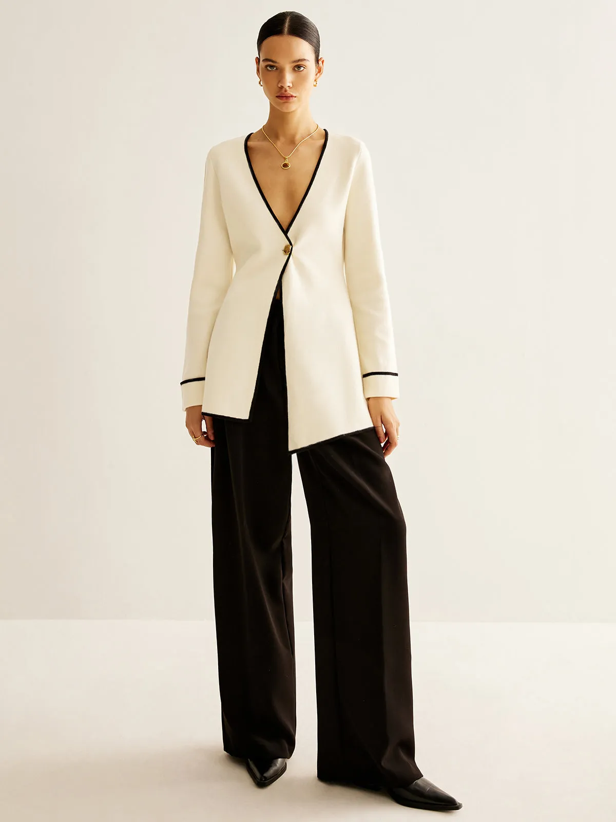 Wool-Blend Contrast Trim Slit Cardigan sold by COMMENSE product image thumbnail 2