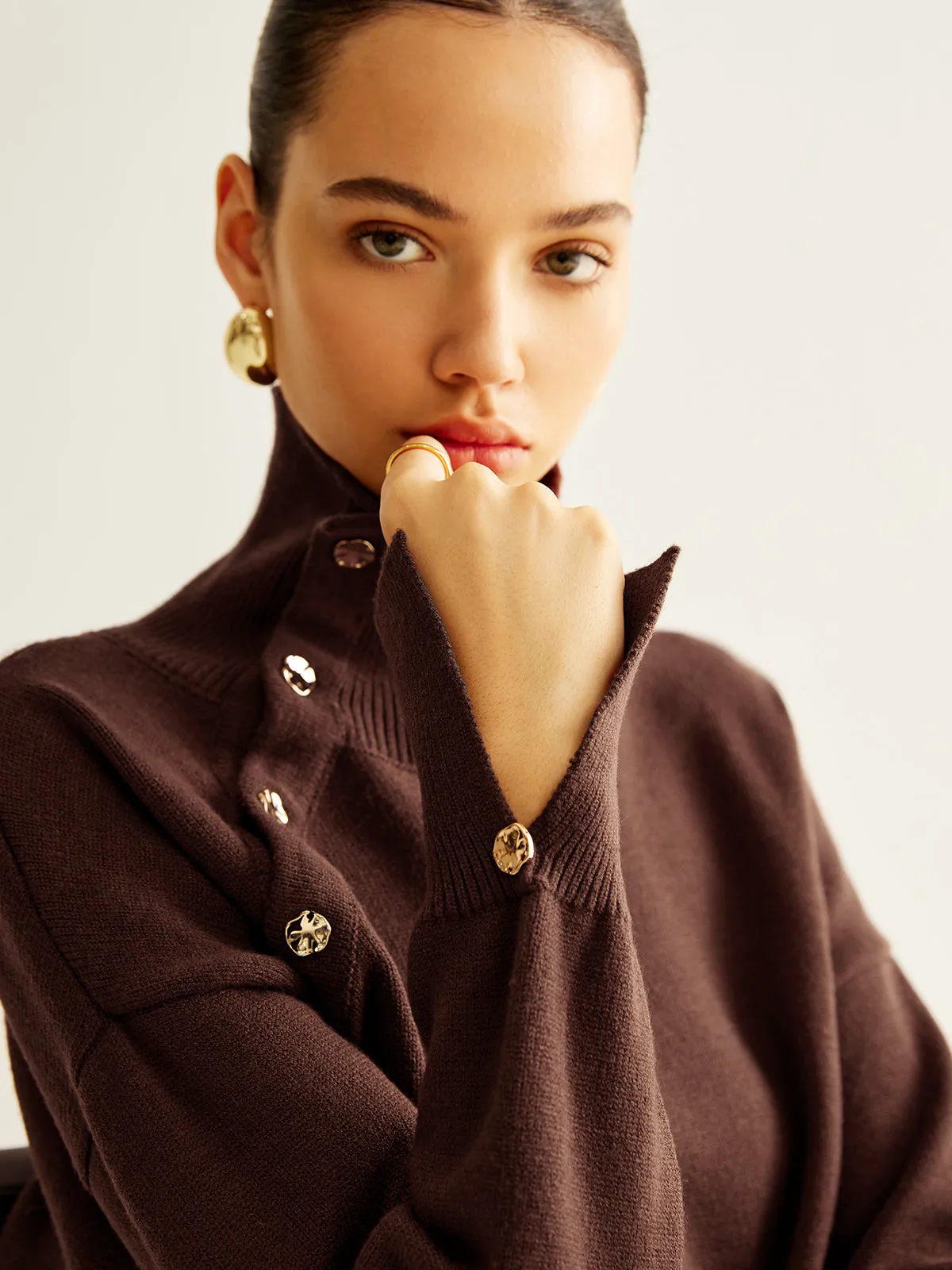 Turtleneck Asymmetrical Button Sweater sold by COMMENSE product image thumbnail 3