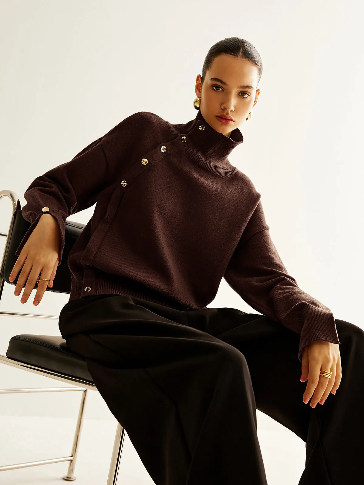 Turtleneck Asymmetrical Button Sweater sold by COMMENSE product image thumbnail 4