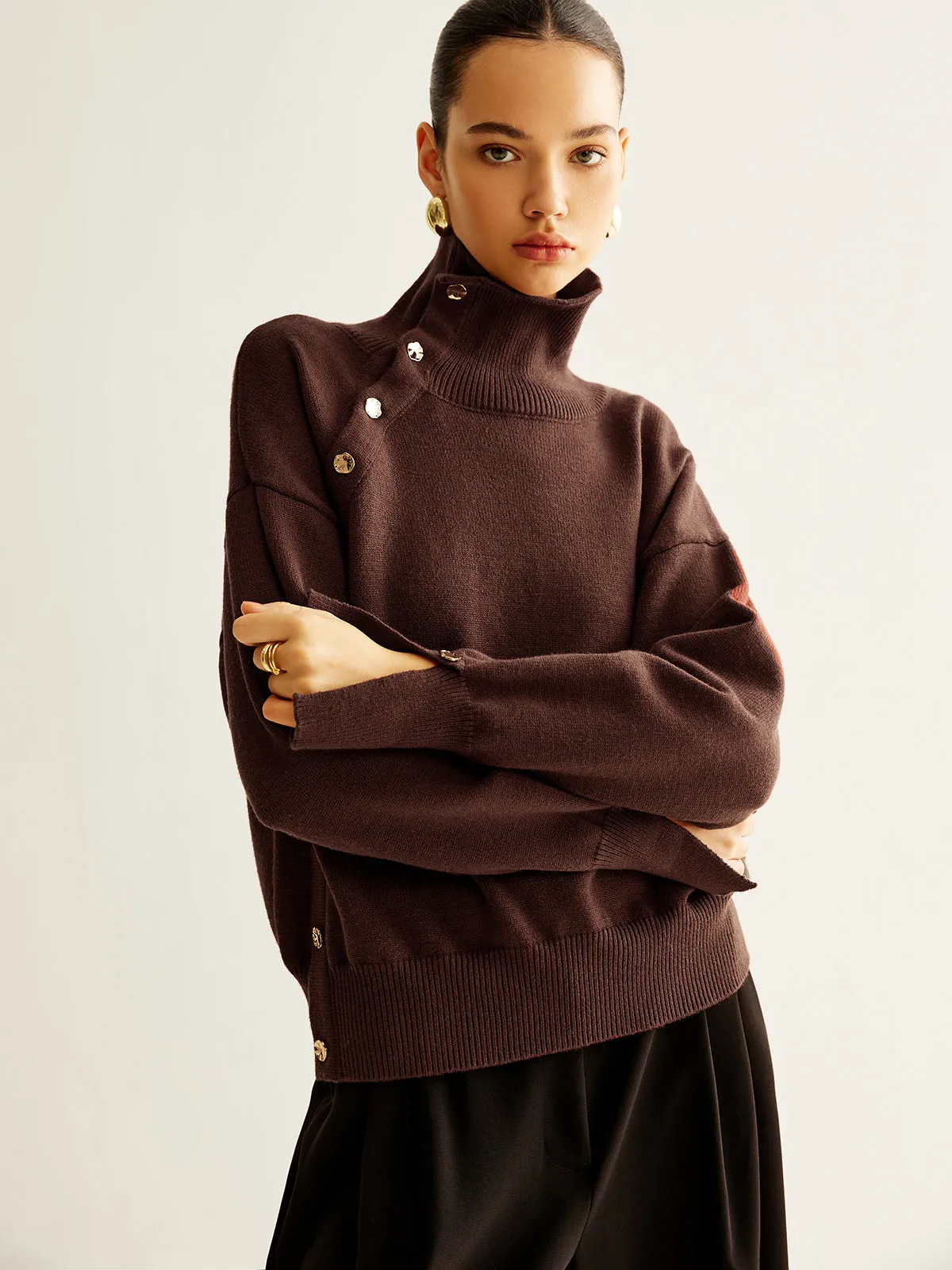 Turtleneck Asymmetrical Button Sweater sold by COMMENSE