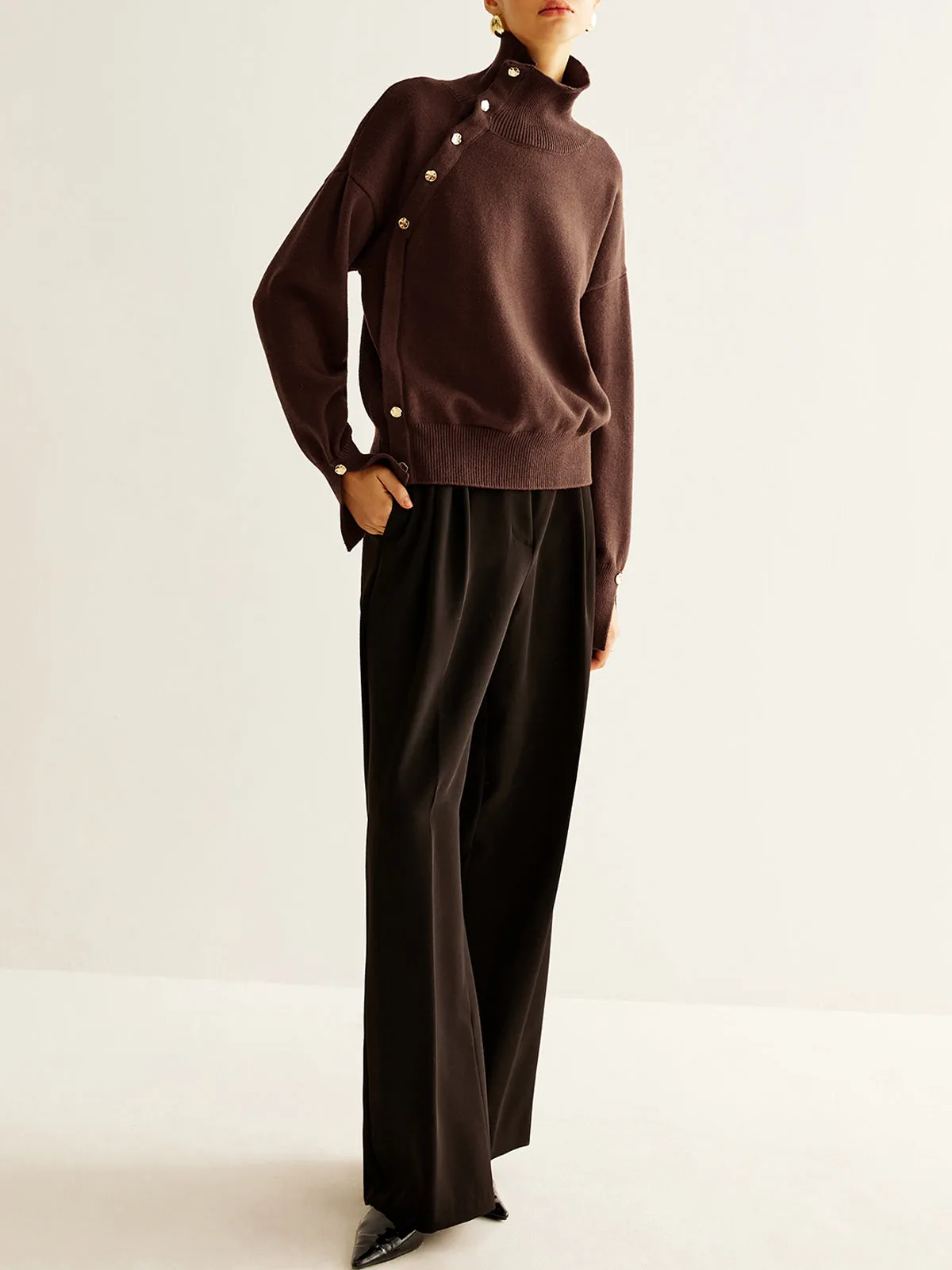 Turtleneck Asymmetrical Button Sweater sold by COMMENSE product image thumbnail 5