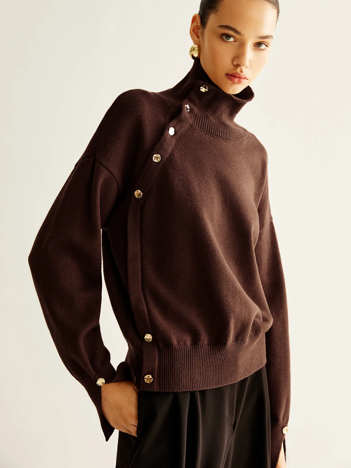 Turtleneck Asymmetrical Button Sweater sold by COMMENSE product image thumbnail 2