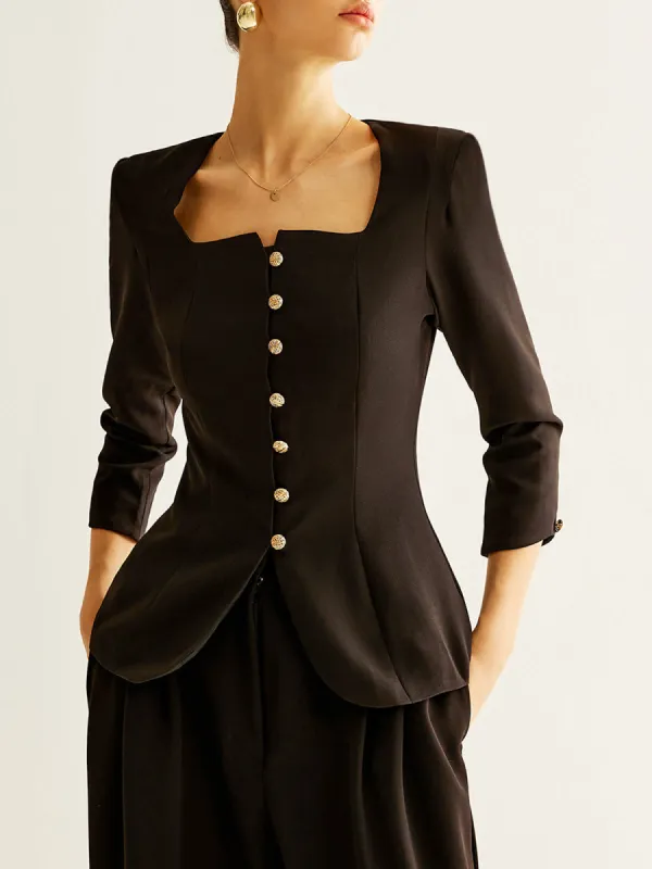 Square Neck Button Down Slit Blouse sold by COMMENSE