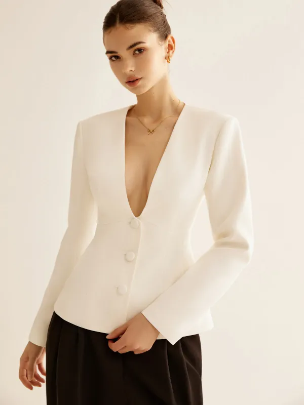 Deep V-Neck Button Slim Blazer sold by COMMENSE