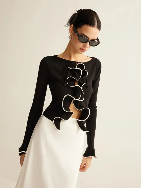 Contrast Ruffle Skinny Cardigan sold by COMMENSE