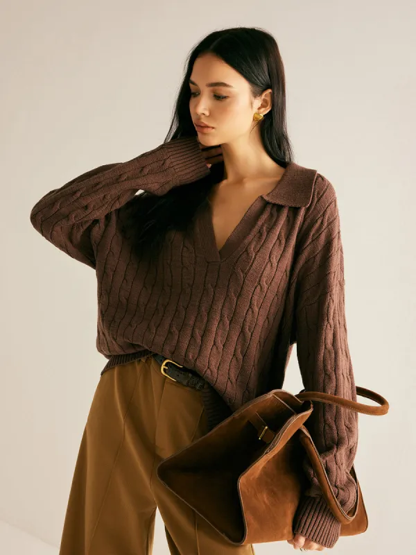 V-Neck Twist Lapel Sweater sold by COMMENSE