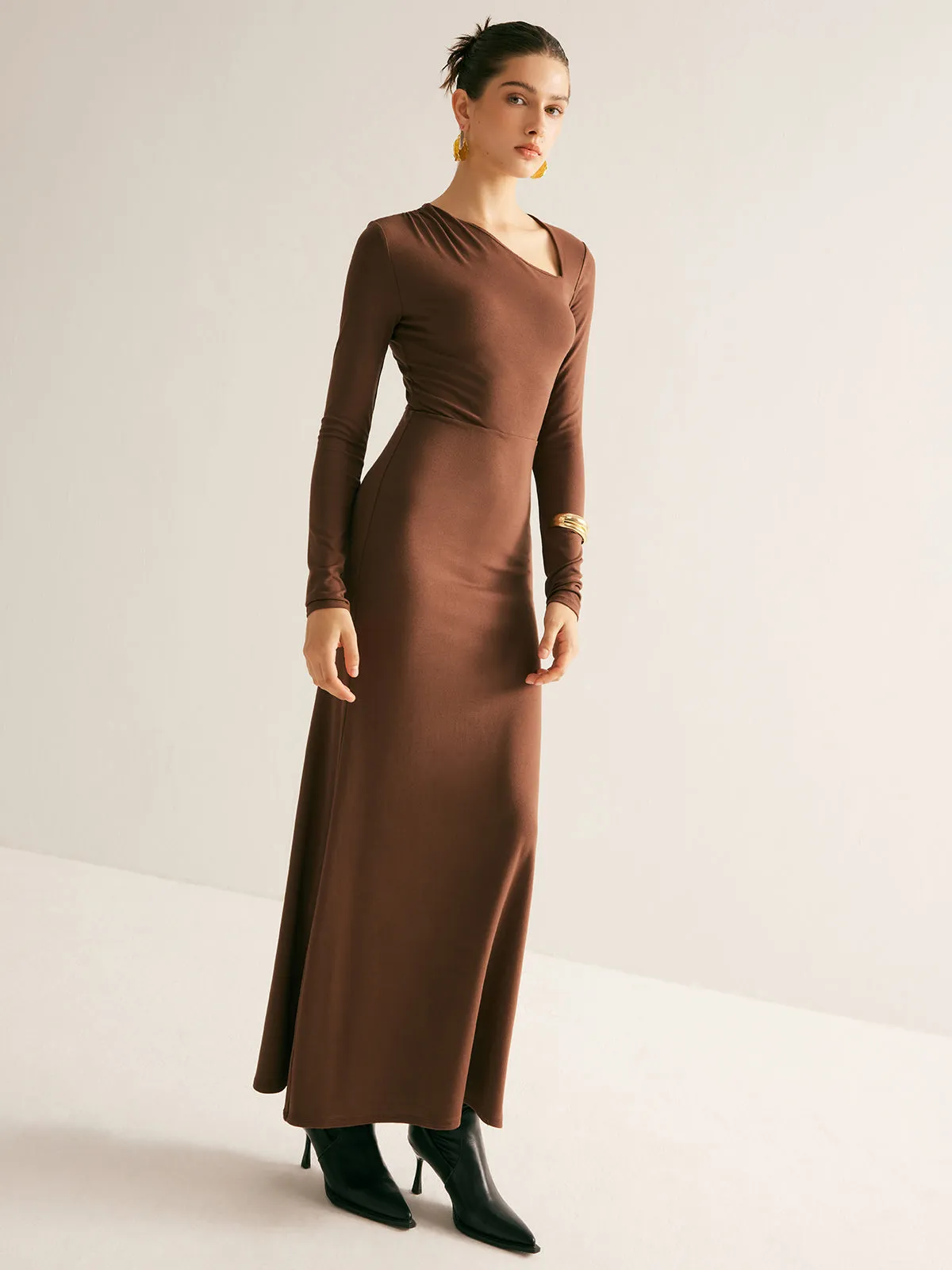 Plain Asymmetrical Neck Long Dress sold by COMMENSE product image thumbnail 4