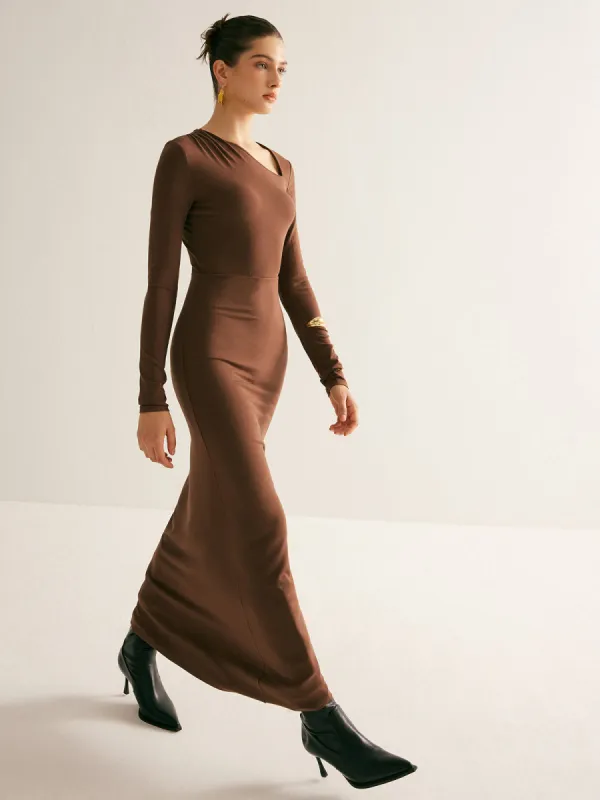 Plain Asymmetrical Neck Long Dress sold by COMMENSE