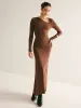 Plain Asymmetrical Neck Long Dress sold by COMMENSE