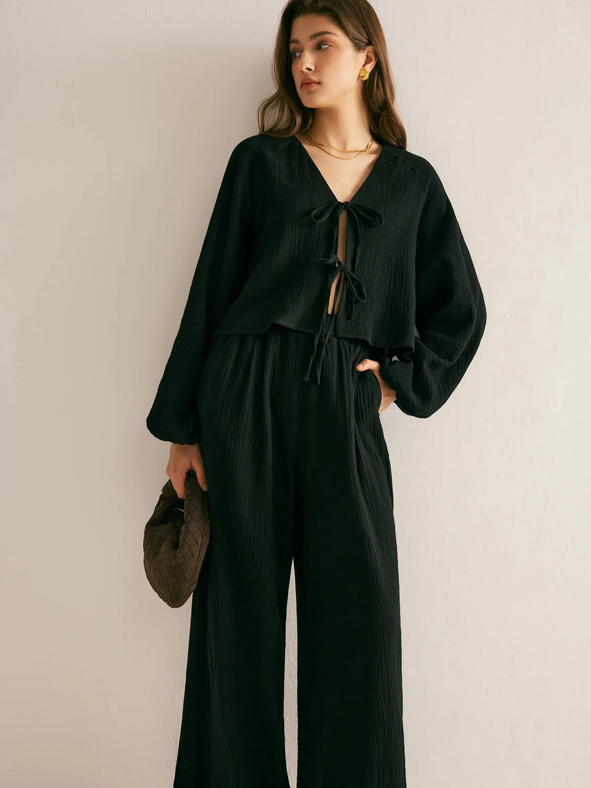 Cotton Tie Front Cozy Pants Set sold by COMMENSE