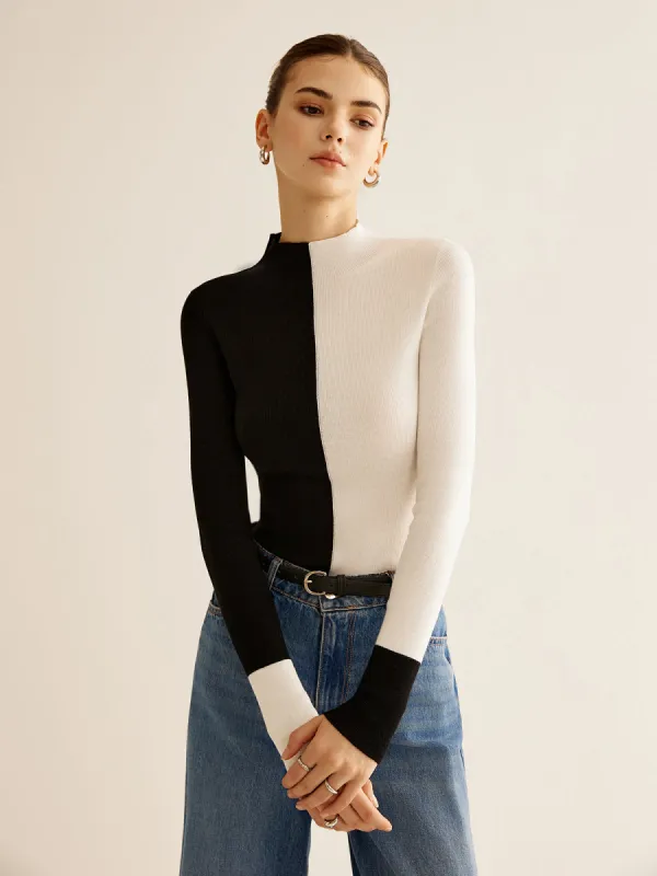 Wool-Blend Two Tone Skinny Knit Top sold by COMMENSE