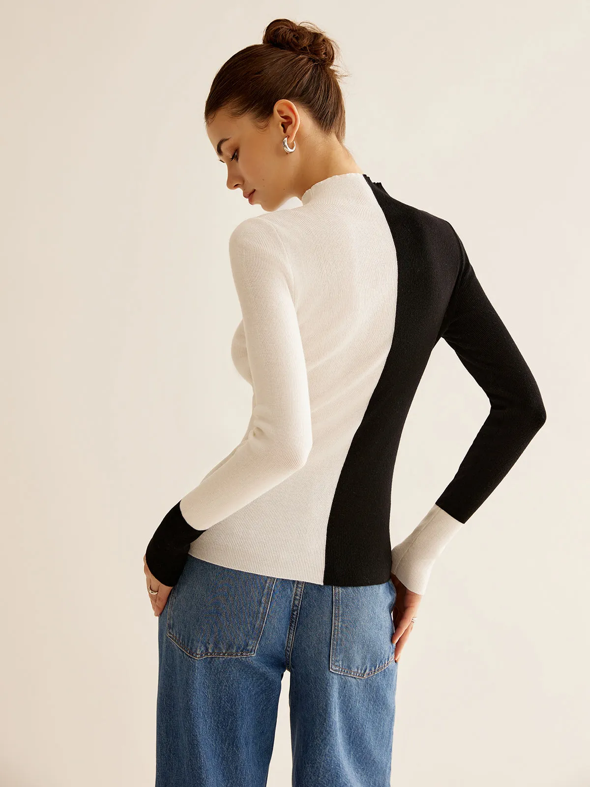 Wool-Blend Two Tone Skinny Knit Top sold by COMMENSE product image thumbnail 5