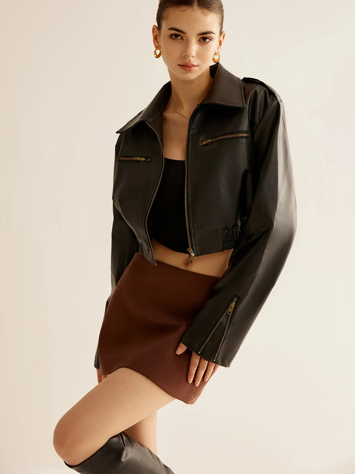 Versatile Crop Faux Leather Jacket sold by COMMENSE product image thumbnail 3