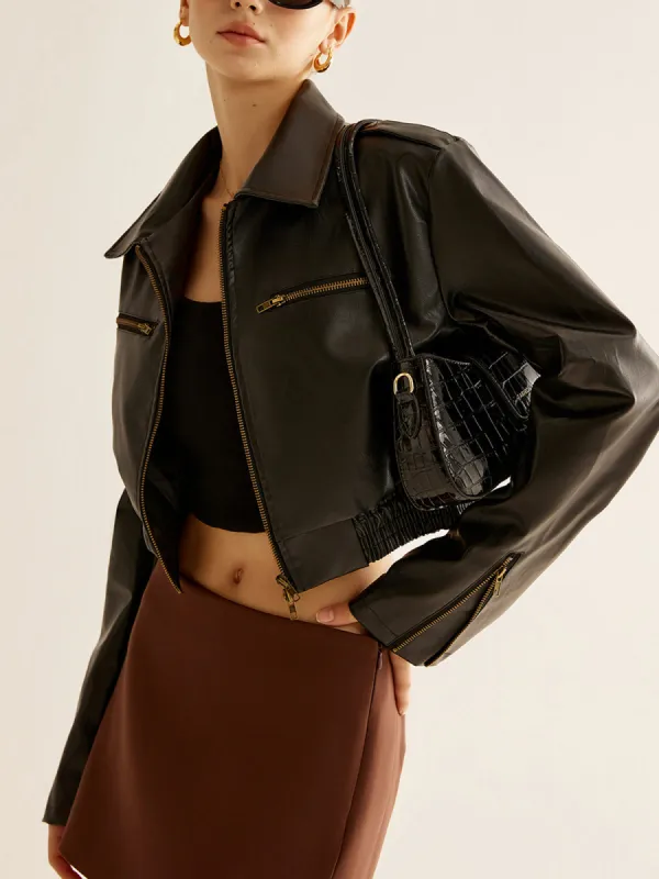 Versatile Crop Faux Leather Jacket sold by COMMENSE