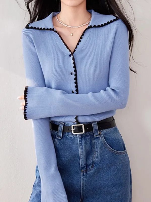 Embroidered Trim Lapel Cardigan sold by COMMENSE