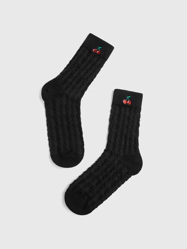 Cherry Embroidered Twist Warm Pile Socks sold by COMMENSE