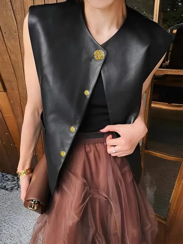 Metal Button Pockets PU Leather Vest sold by COMMENSE