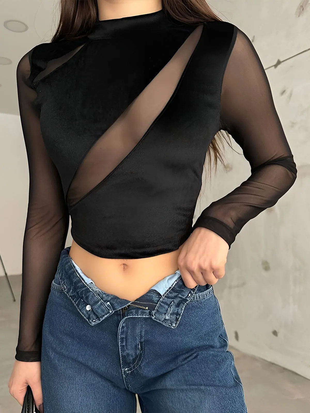 Velvet Panel Sheer Crop T-Shirt sold by COMMENSE product image thumbnail 2
