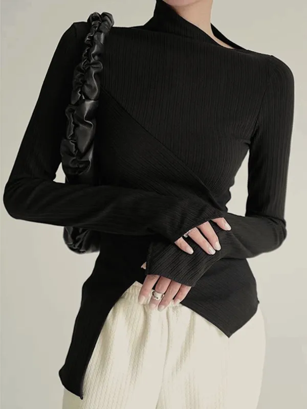 Asymmetrical Long Sleeve Slim Top sold by COMMENSE