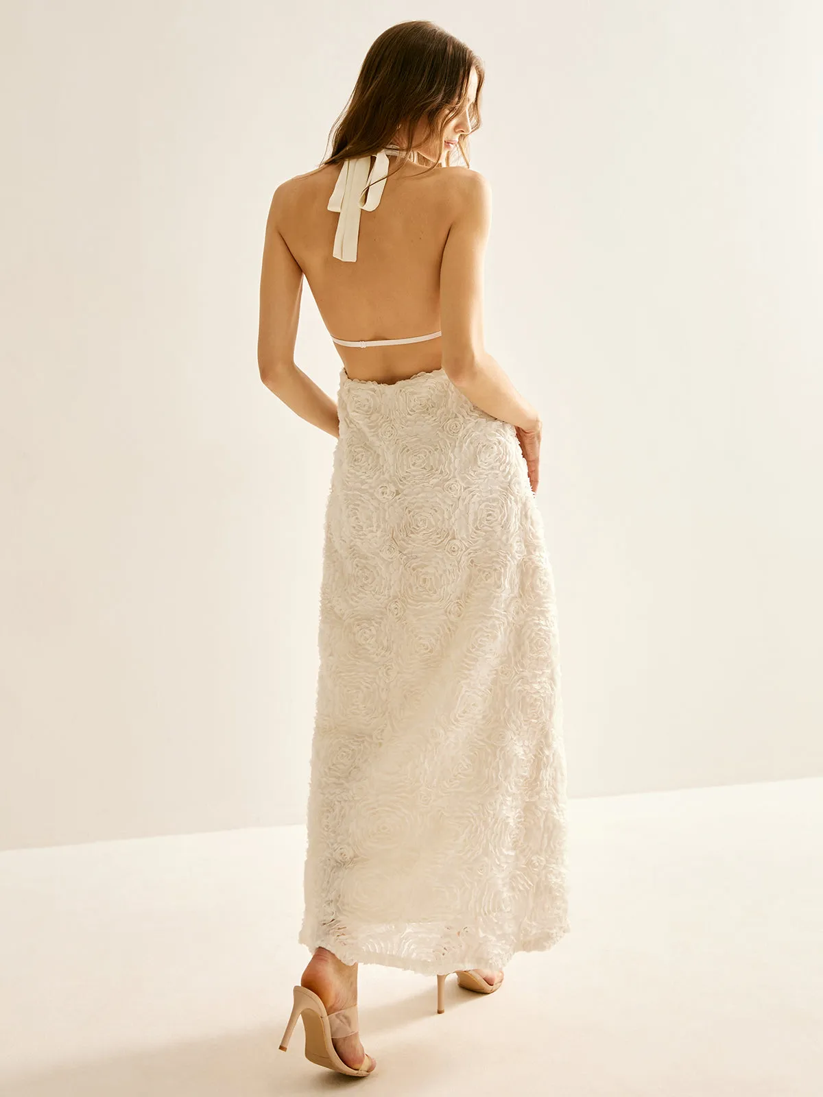 Backless Cowl Neck Floral Embroiled Halter Dress sold by COMMENSE product image thumbnail 3