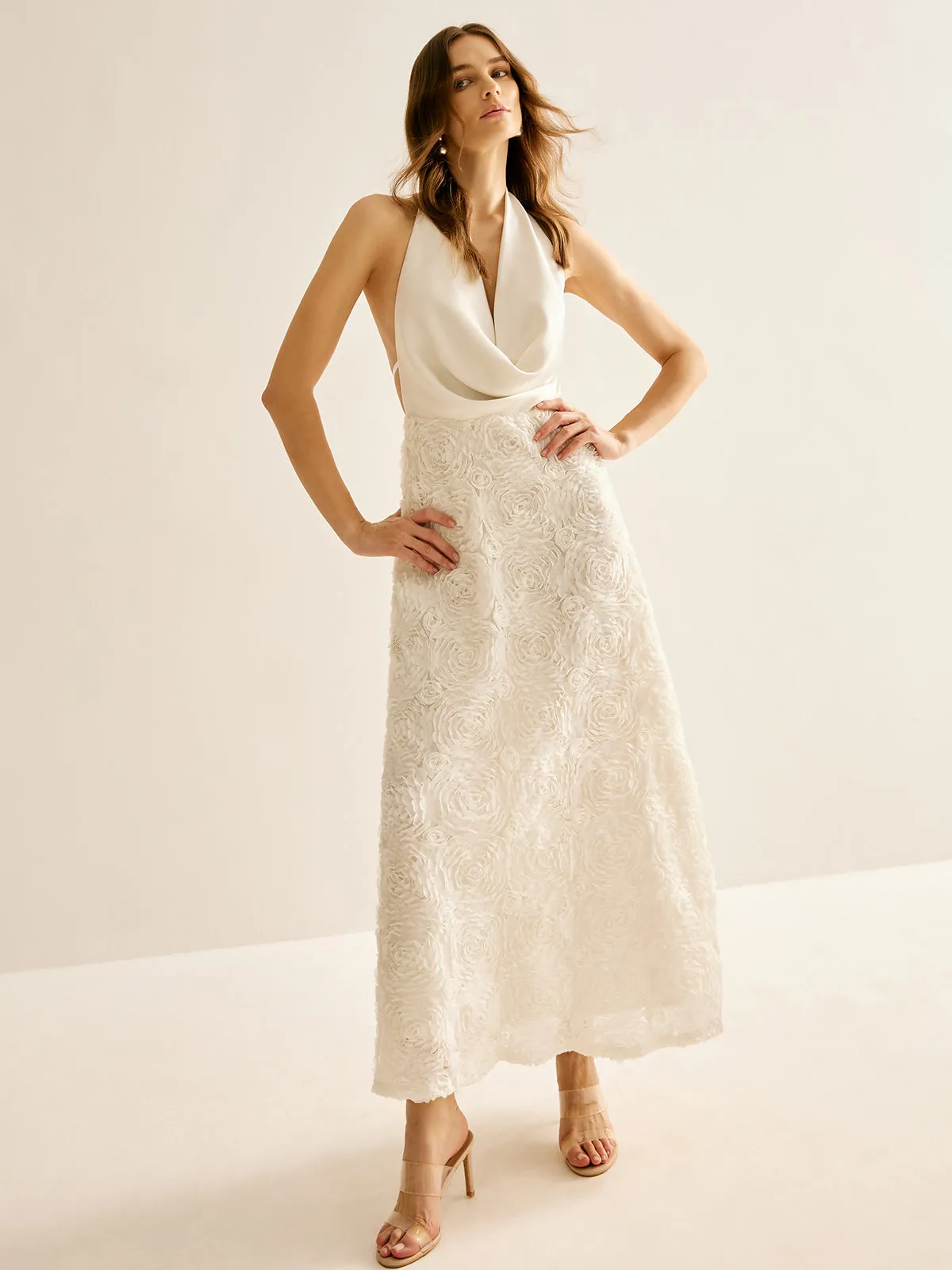Backless Cowl Neck Floral Embroiled Halter Dress sold by COMMENSE product image thumbnail 4