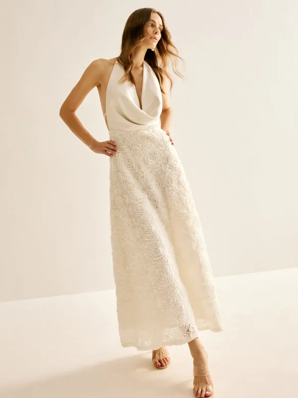 Backless Cowl Neck Floral Embroiled Halter Dress sold by COMMENSE