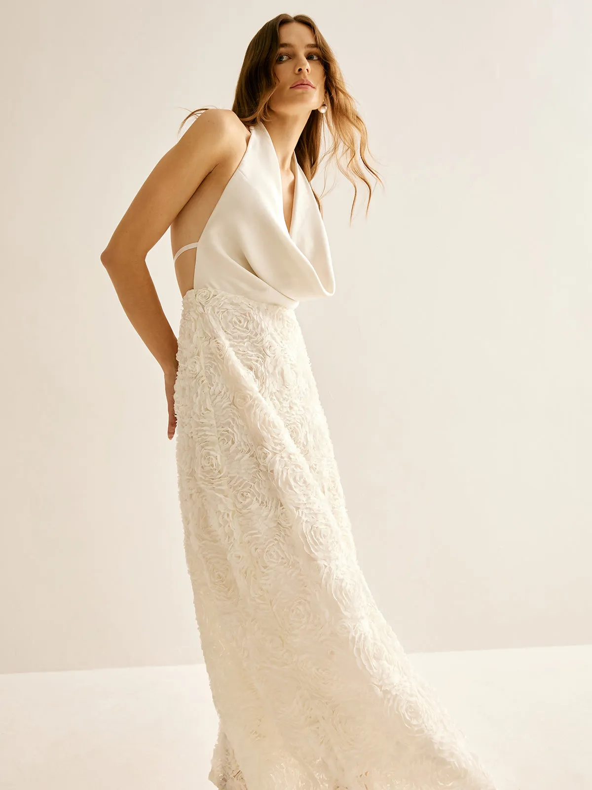 Backless Cowl Neck Floral Embroiled Halter Dress sold by COMMENSE product image thumbnail 5