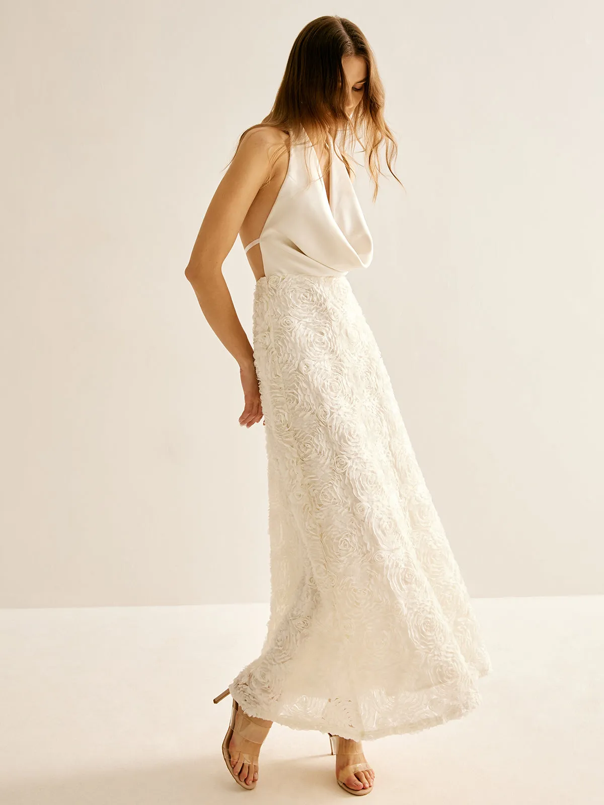 Backless Cowl Neck Floral Embroiled Halter Dress sold by COMMENSE product image thumbnail 2