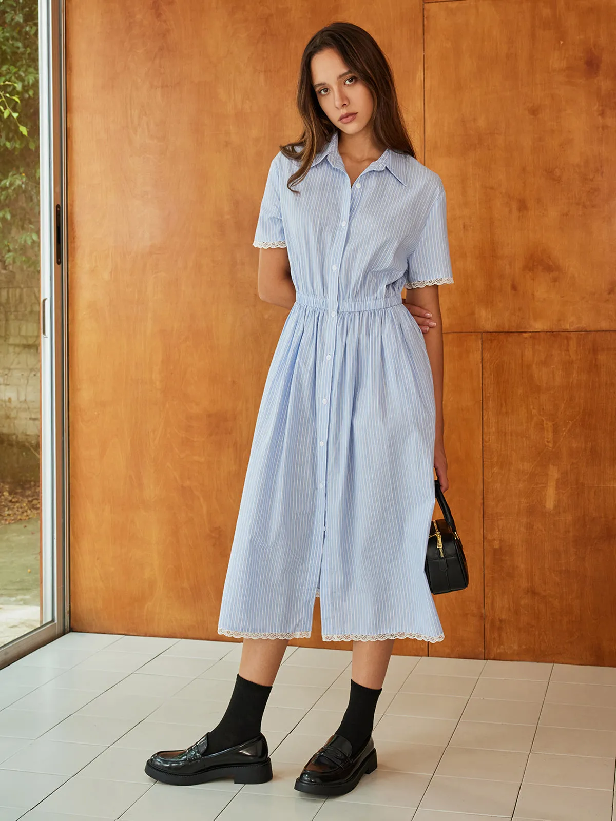 Lace Trim Pinstripe Botton Dress sold by COMMENSE product image thumbnail 3