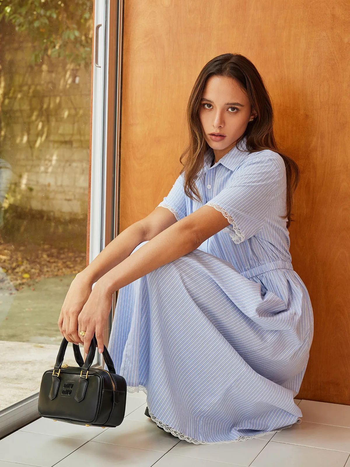 Lace Trim Pinstripe Botton Dress sold by COMMENSE product image thumbnail 4