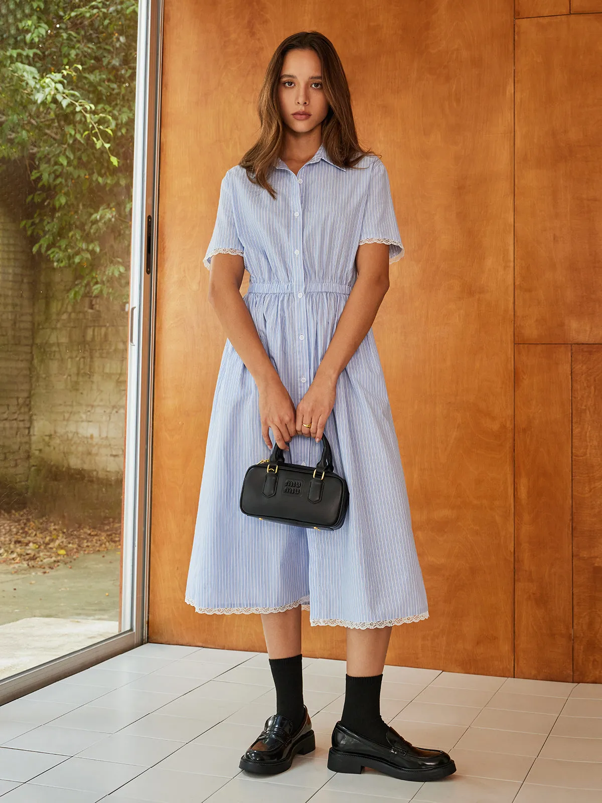 Lace Trim Pinstripe Botton Dress sold by COMMENSE