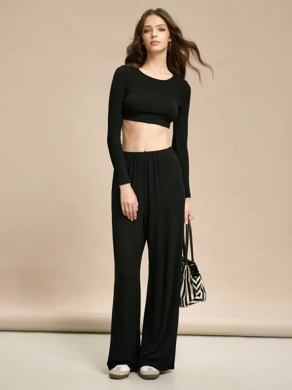 Plain Crop Top Pants Set made by COMMENSE